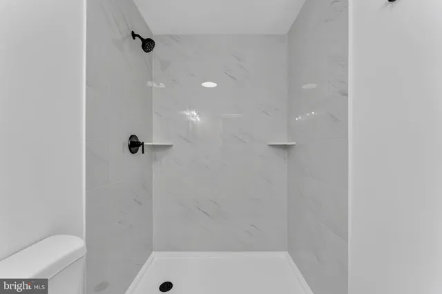 a bathroom with a shower and toilet