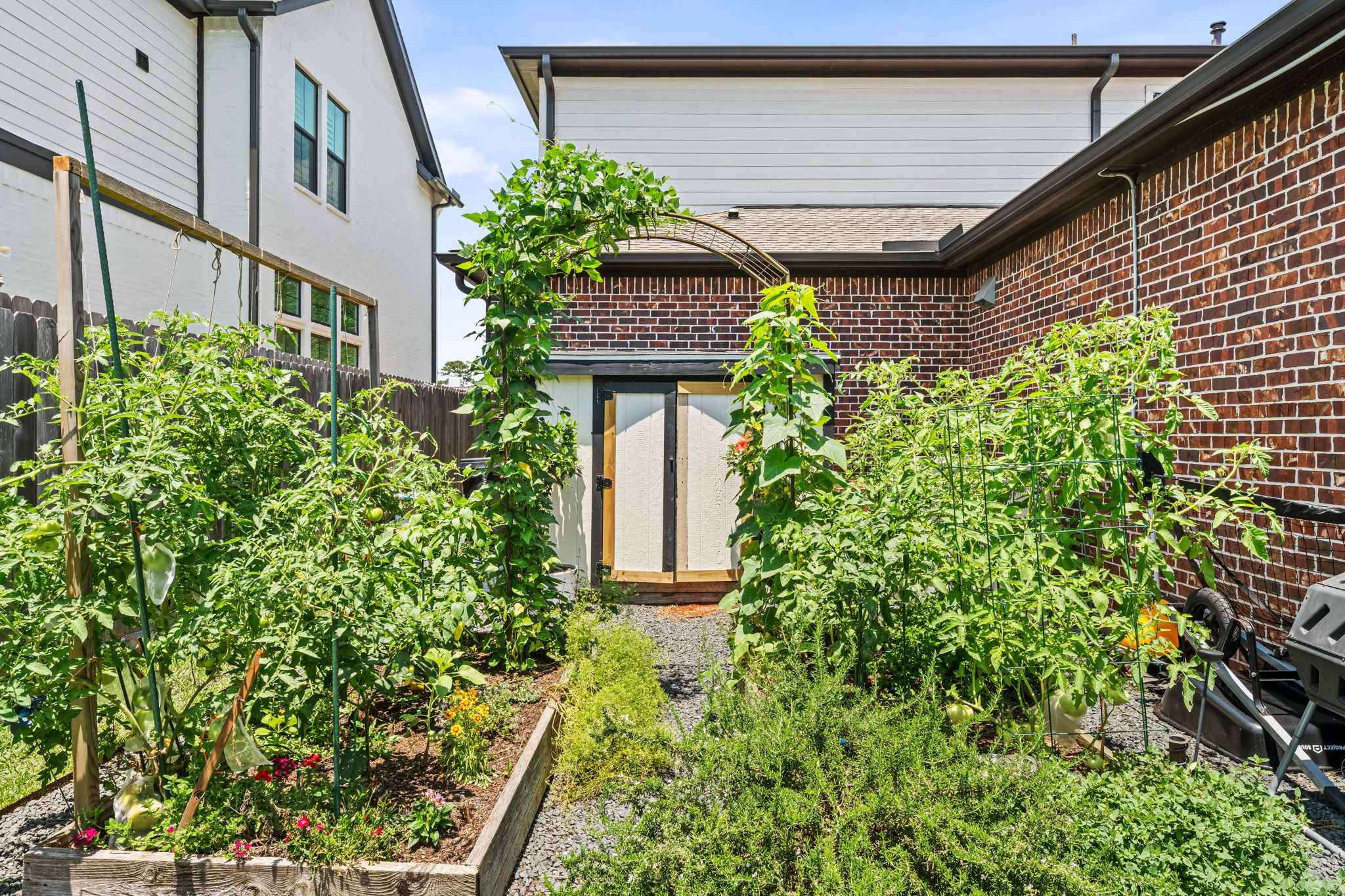 1013 Martin Street Houston, TX 77018 - Photo 43 of 46 Incredible mature vegetable garden w/custom planter boxes & irrigation growing tomatoes, cucumbers, peppers, rosemary, & more—an exceptional addition to this thoughtfully designed outdoor space.Storage shed will stay!