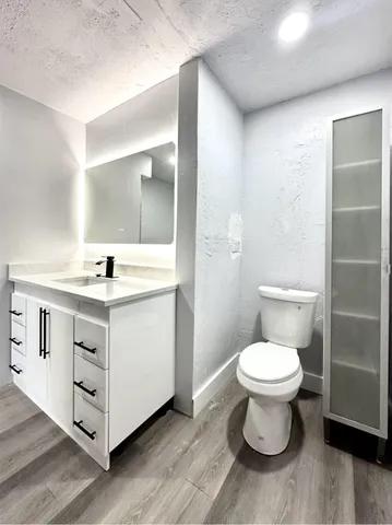 a bathroom with a sink toilet a mirror and vanity
