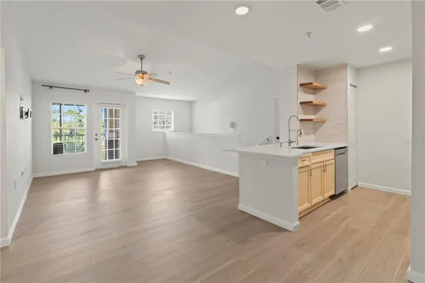 a view of cabinets and window