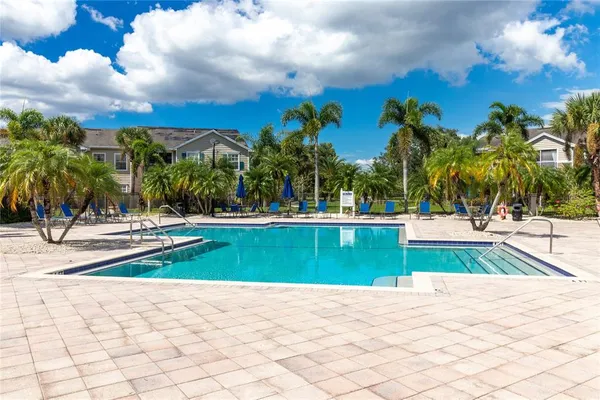 a view of a yard and palm trees