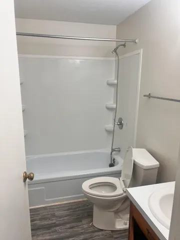 a white toilet sitting next to a bath tub