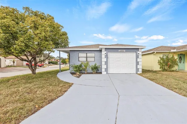a view of a house with a yard and potted plants