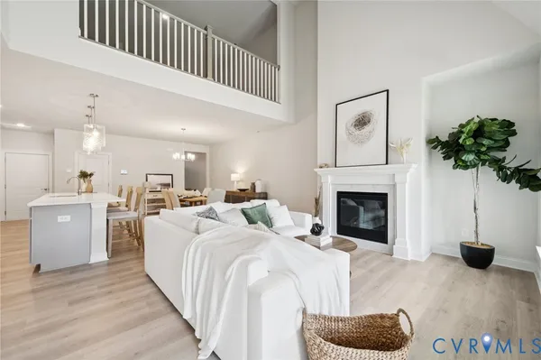 a living room with furniture a fireplace and a potted plant