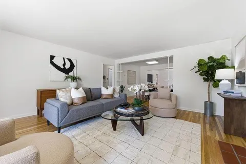 a living room with furniture and a potted plant