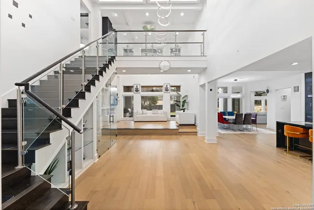 a view of a balcony with staircase