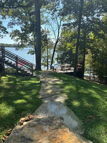 a view of a park with large trees