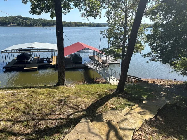 a view of a lake with a tree in the background