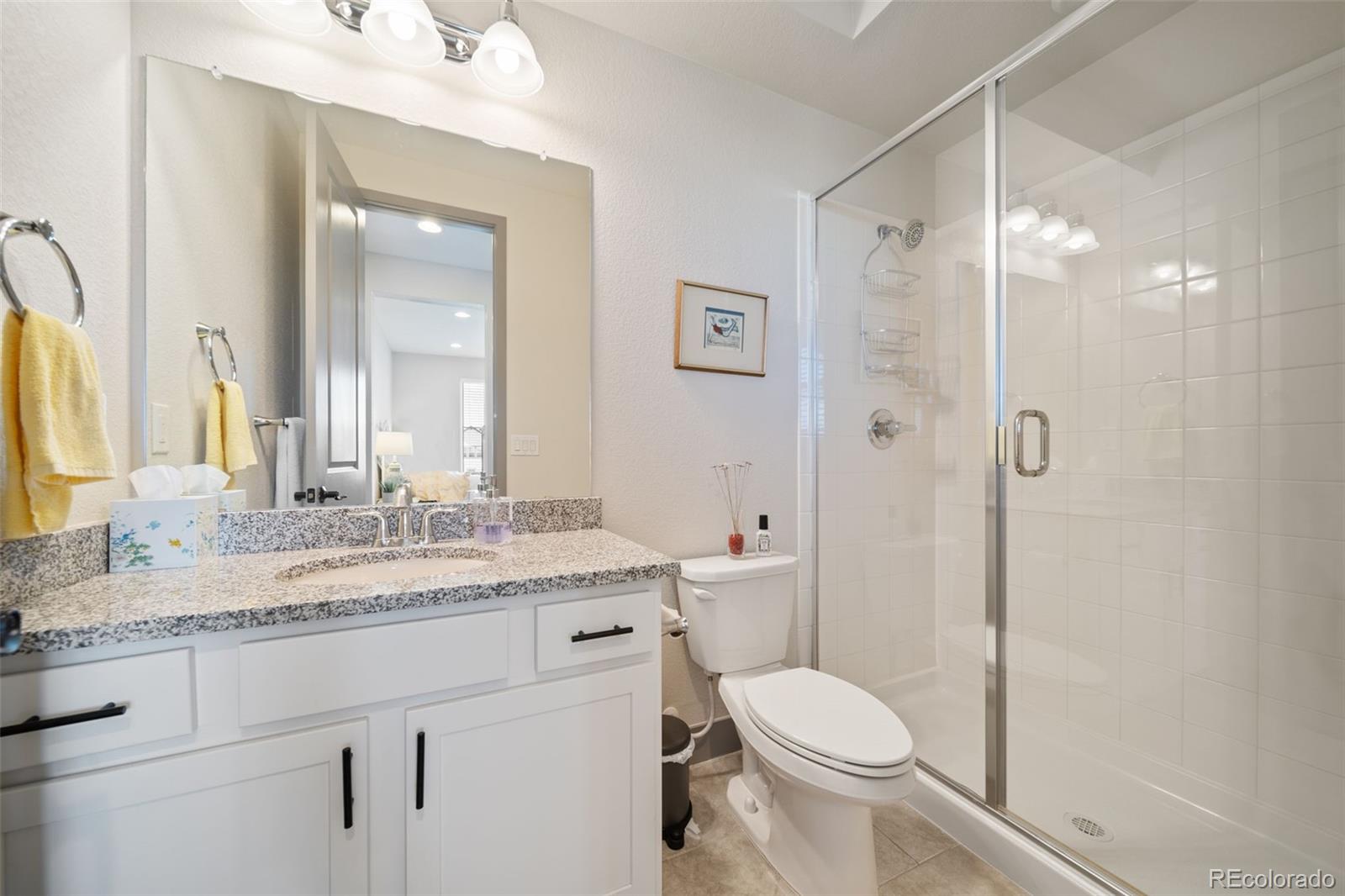 6465 Barnstead Drive Castle Pines, CO 80108 - Photo 33 of 50 a bathroom with a granite countertop toilet sink and shower