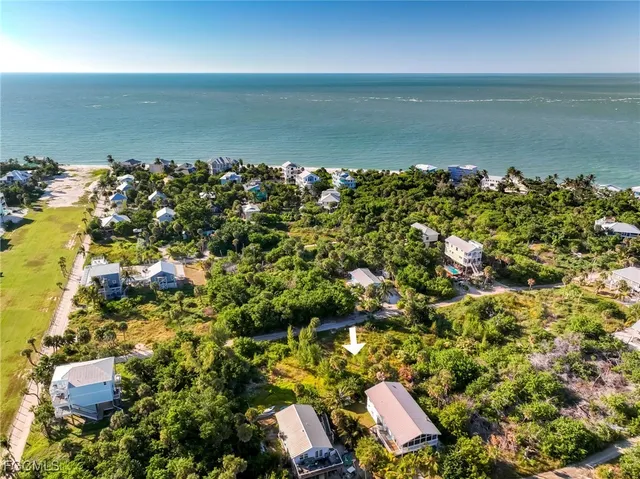 an aerial view of a houses with a lake