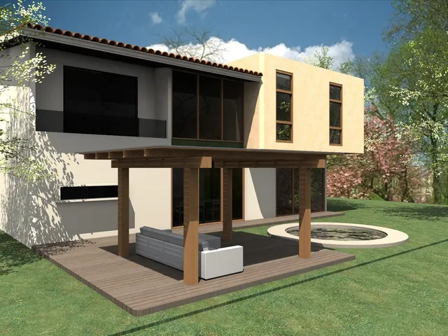 a view of a tennis ground with large trees