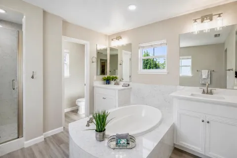 a bathroom with a sink a faucet a mirror and a potted plant