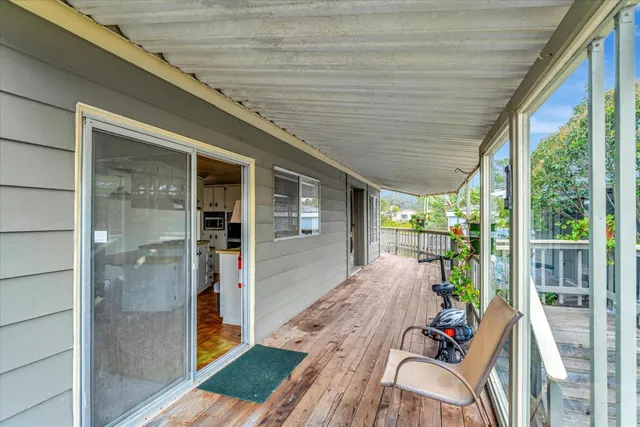 a porch with seating space