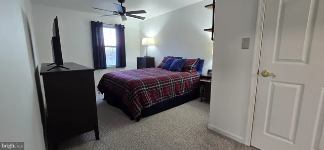 a bedroom with a bed closet and a flat tv screen