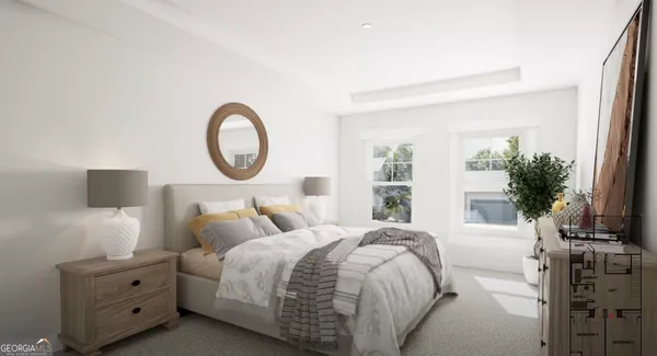 a bedroom with bed and a large window