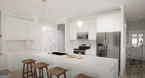 a kitchen with stainless steel appliances a refrigerator a stove a sink a dining table and chairs