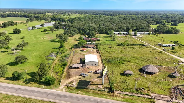 an aerial view of a residential houses with outdoor space and trees