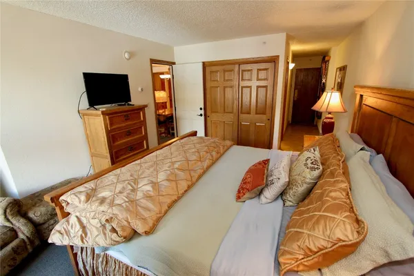 a bedroom with a bed and flat screen tv