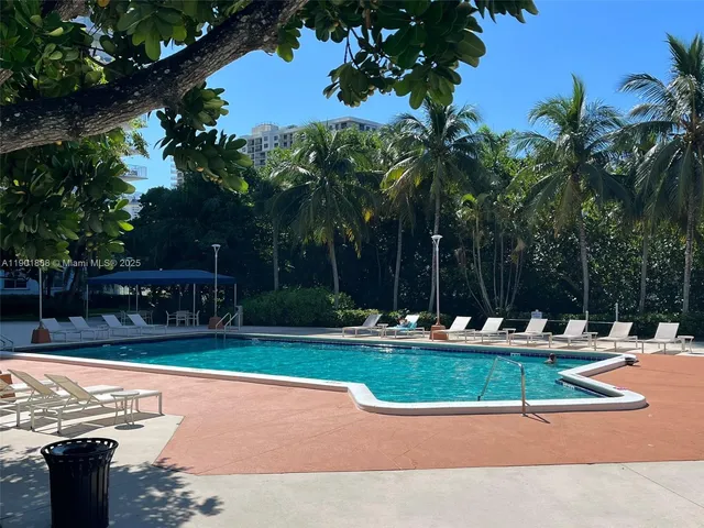 a view of a swimming pool with a bench and trees