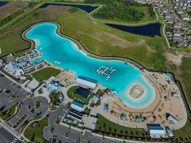 an aerial view of a swimming pool