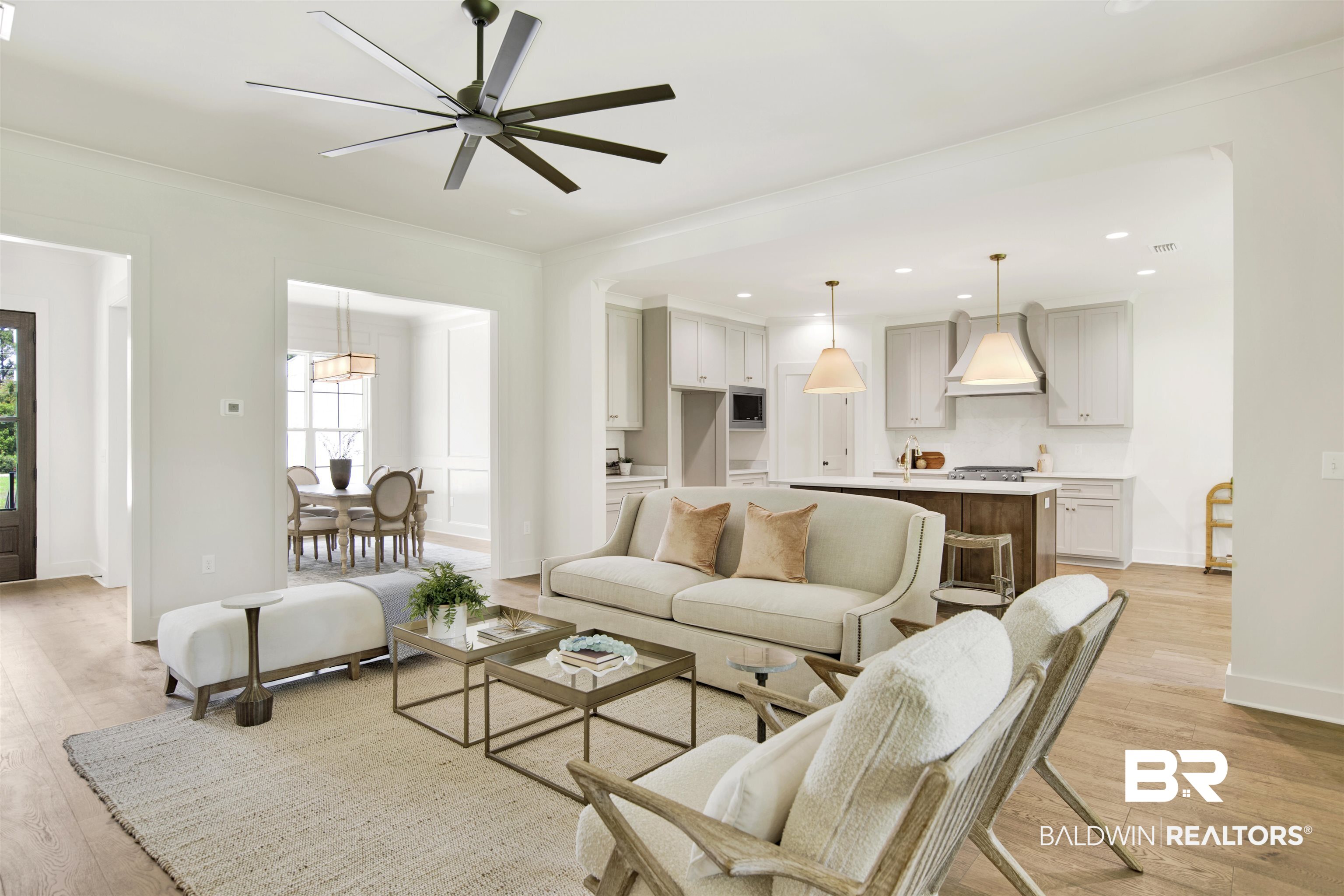 9275 Clarke Ridge Road Foley, AL 36535 - Photo 12 of 43 Living area featuring light wood-type flooring, baseboards, ornamental molding, ceiling fan, and recessed lighting