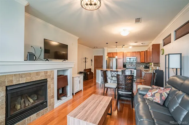 a living room with furniture and a fireplace