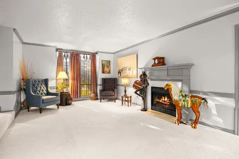 a view of a livingroom with a fireplace and a couch