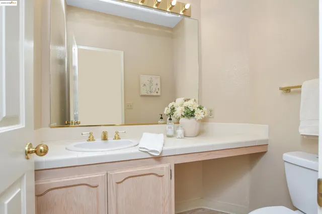 a bathroom with a granite countertop sink and a toilet