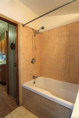 a bathroom with a bathtub and shower