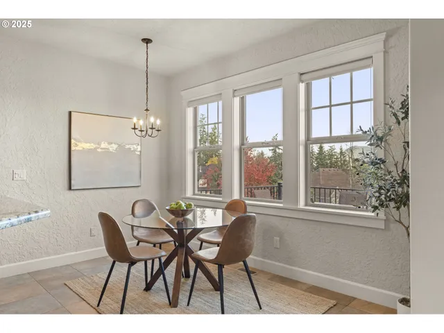 a view of a dining room with furniture window and outside view