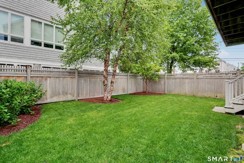 a view of a backyard with large trees and wooden fence