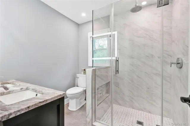 a bathroom with a granite countertop sink a toilet and shower
