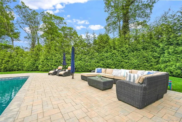 a view of a couches in the patio with a small yard