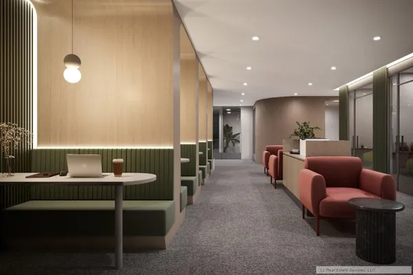 a lobby with furniture and window