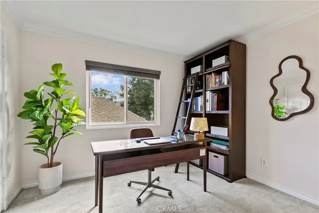a view of a workspace with furniture and a potted plant