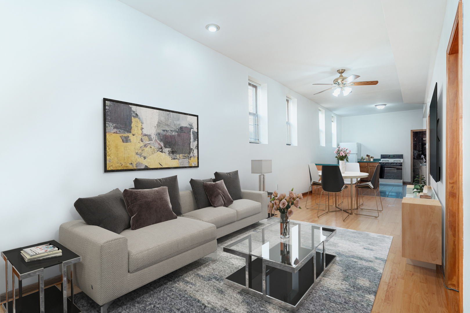 747 North Throop Street Chicago, IL 60642 - Photo 6 of 31 a living room with furniture a rug and a chandelier