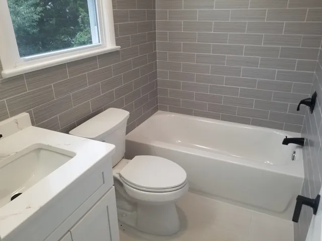 a bathroom with a bathtub