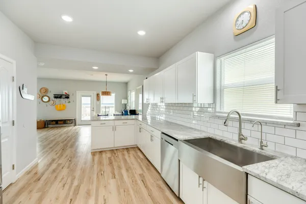 a large kitchen with a lot of counter space