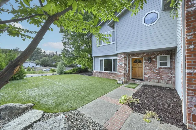a view of a house with a yard and a large tree
