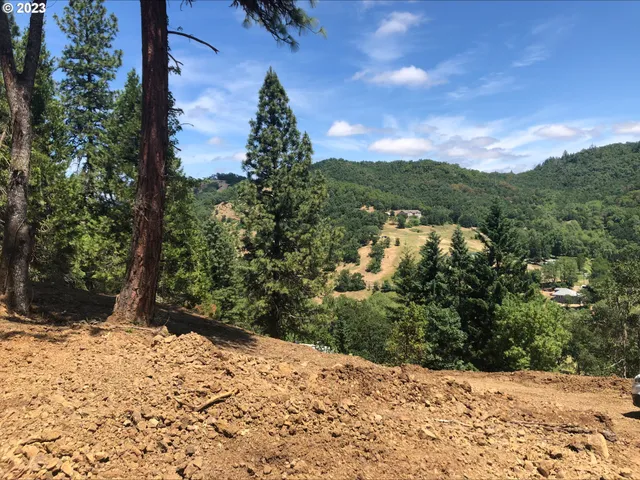 a view of a yard with wooden fence