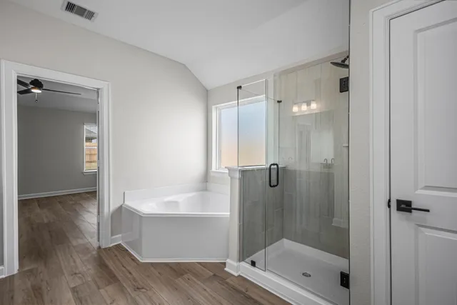 a bathroom with a tub shower vanity and a sink