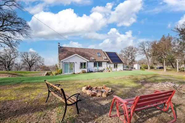 a view of a park with large trees