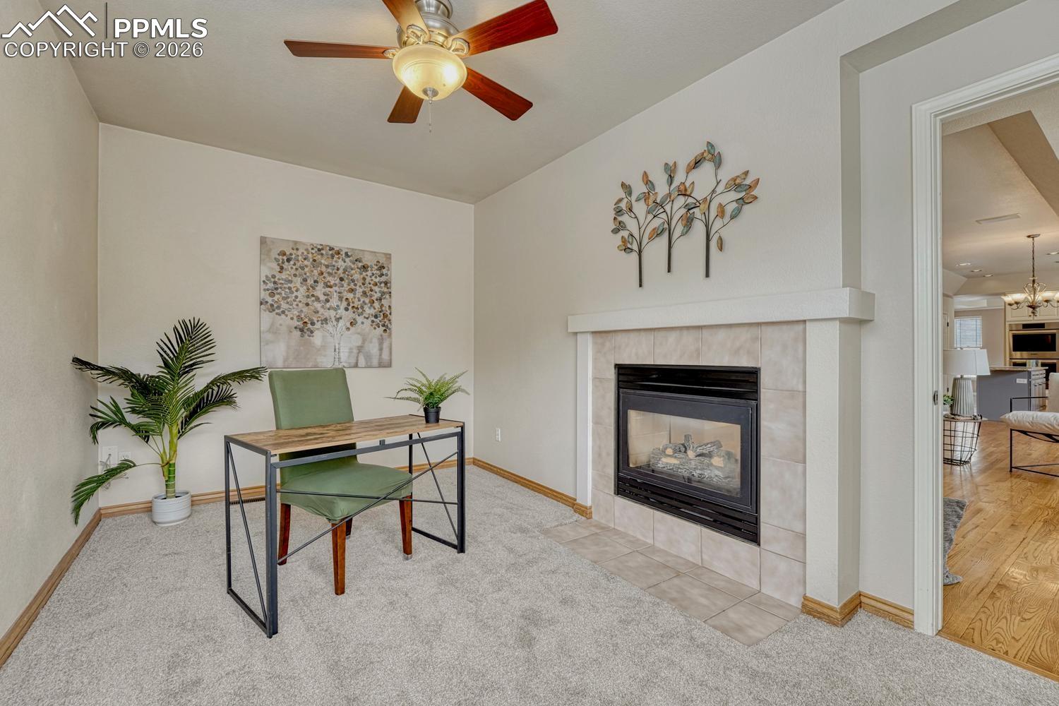 15211 Ridgefield Lane Colorado Springs, CO 80921 - Photo 16 of 47 Main level office with 2 way fireplace, large windows and door!