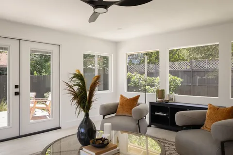 a living room with furniture and a potted plant