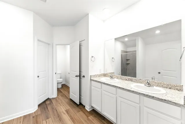 a bathroom with a granite countertop sink mirror and double