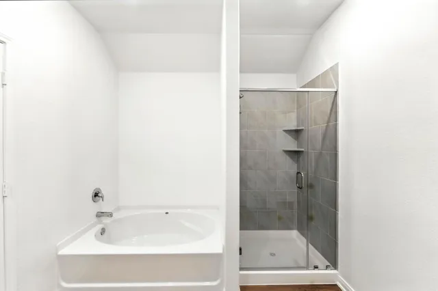 a bathroom with a bathtub and shower