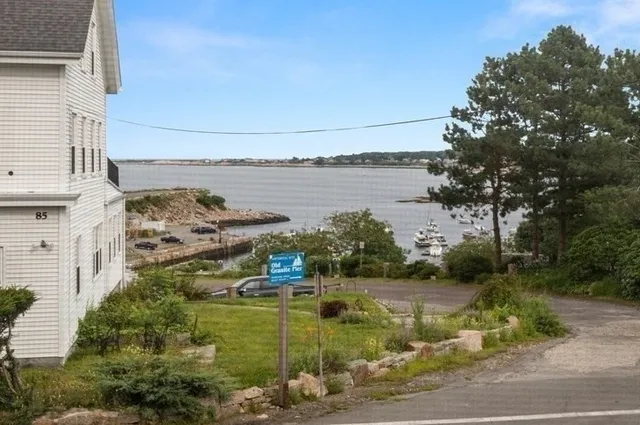 a view of a lake with a big yard and large trees