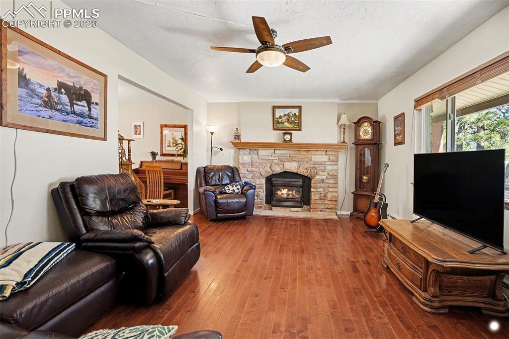 8265 Tannenbaum Road Colorado Springs, CO 80908 - Photo 4 of 50 a living room with furniture a flat screen tv and a fireplace