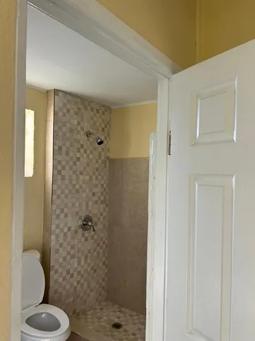a bathroom with a shower and a toilet