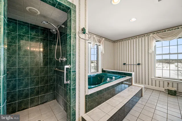 a bath room with shower